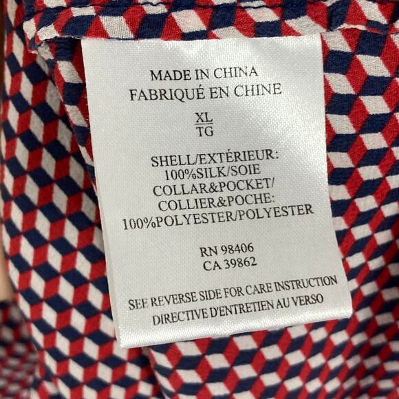 THEORY Button Shirt Women XL Silk Multi-Red Geo-Print Pocket Long-Slv “Rogene” - Picture 10 of 13